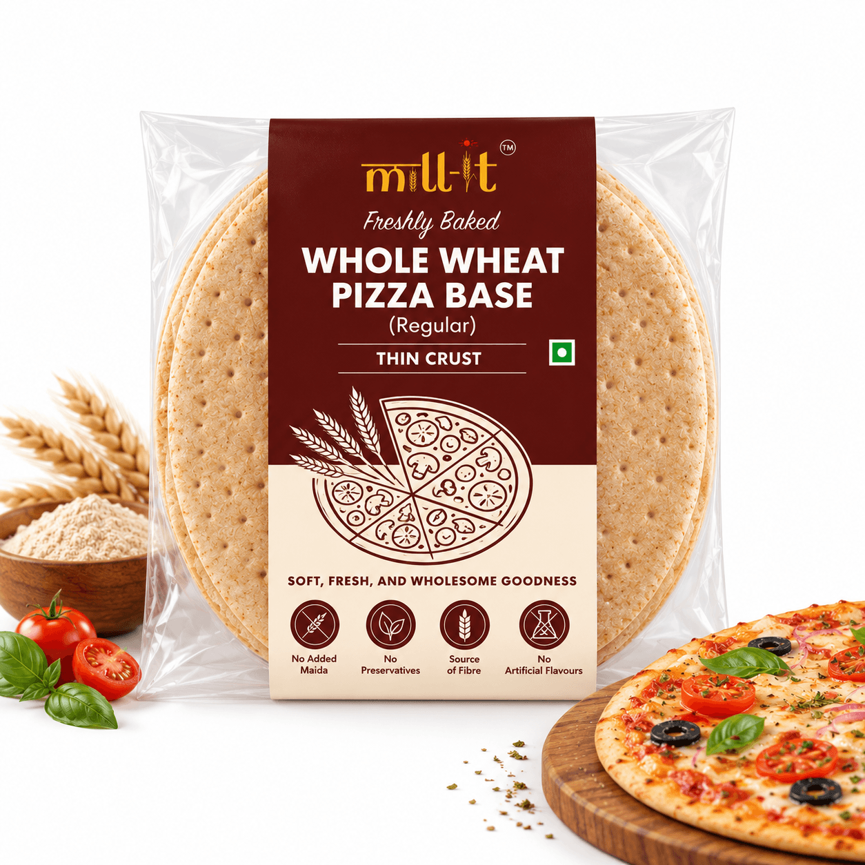 Freshly Baked Whole Wheat Regular Pizza Base- 100 gm (2 pcs)