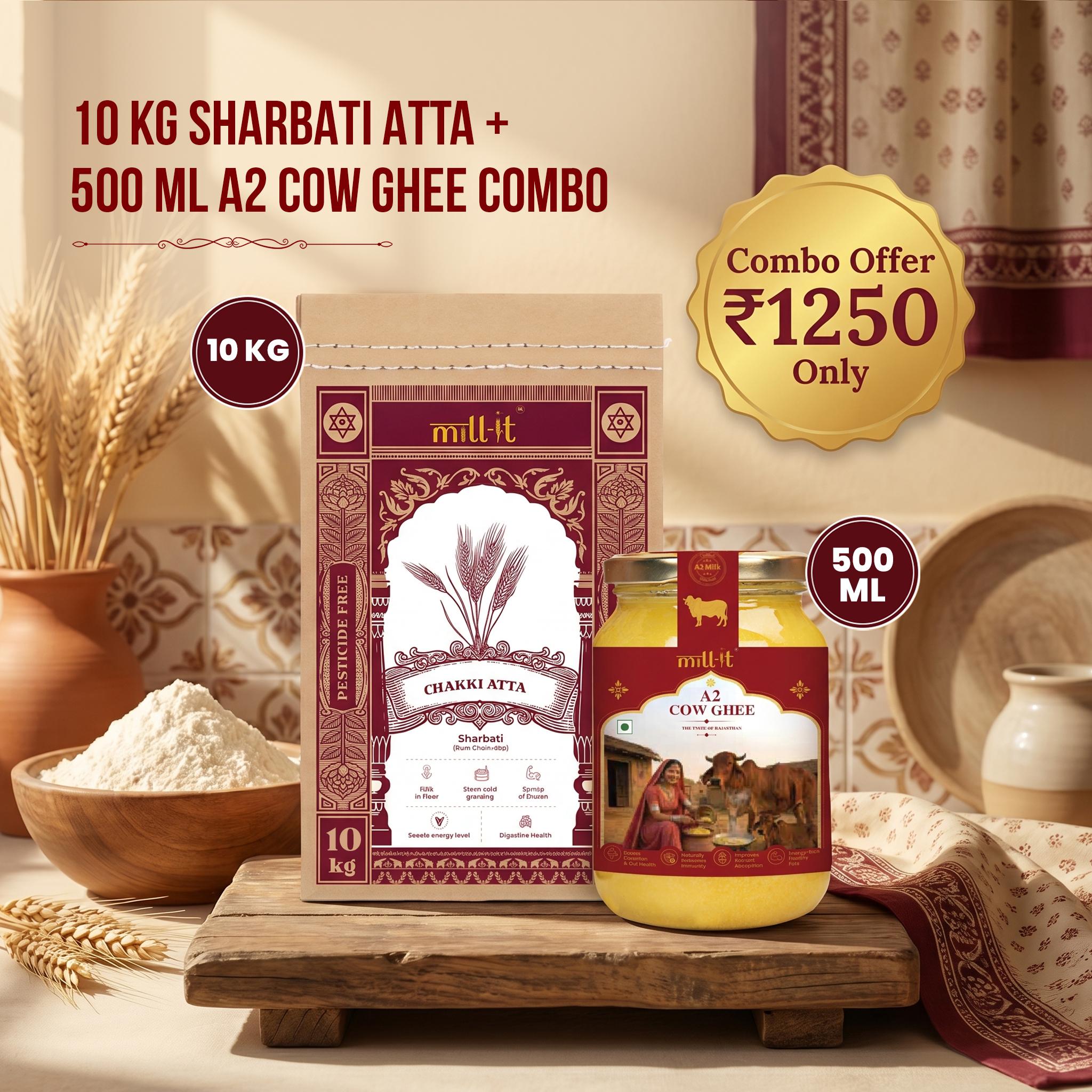 10kg Sharbati Atta + 500 ML A2 Cow Ghee Combo