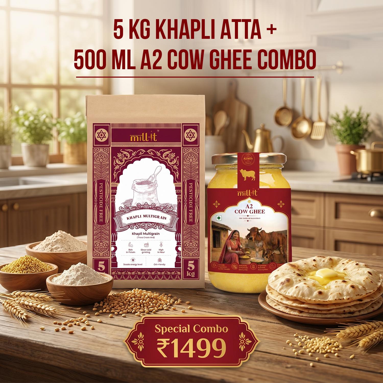5 KG Khapli Atta + 500 ML A2 Cow Ghee Combo