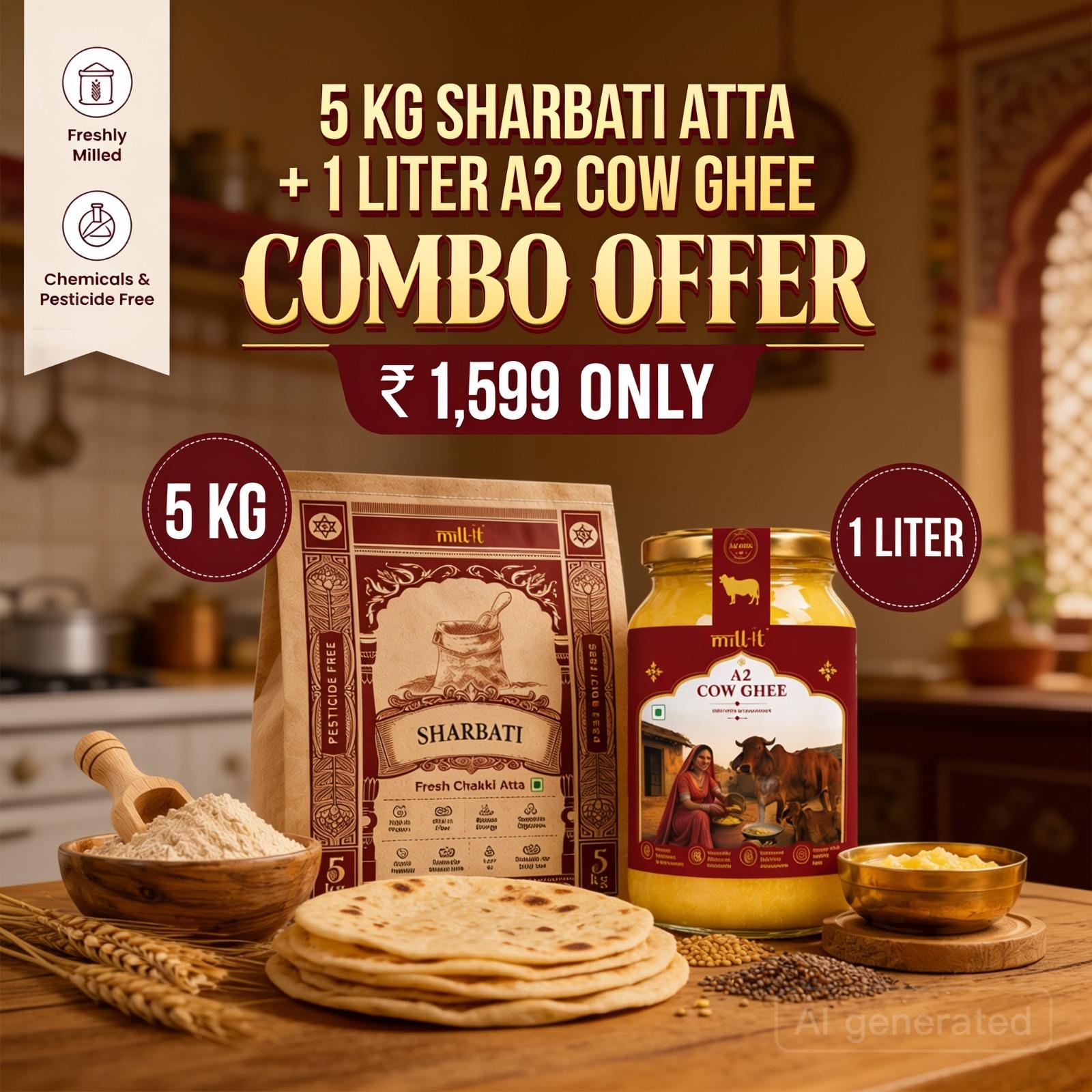 5kg Sharbati Atta + 1L A2 Cow Ghee Combo