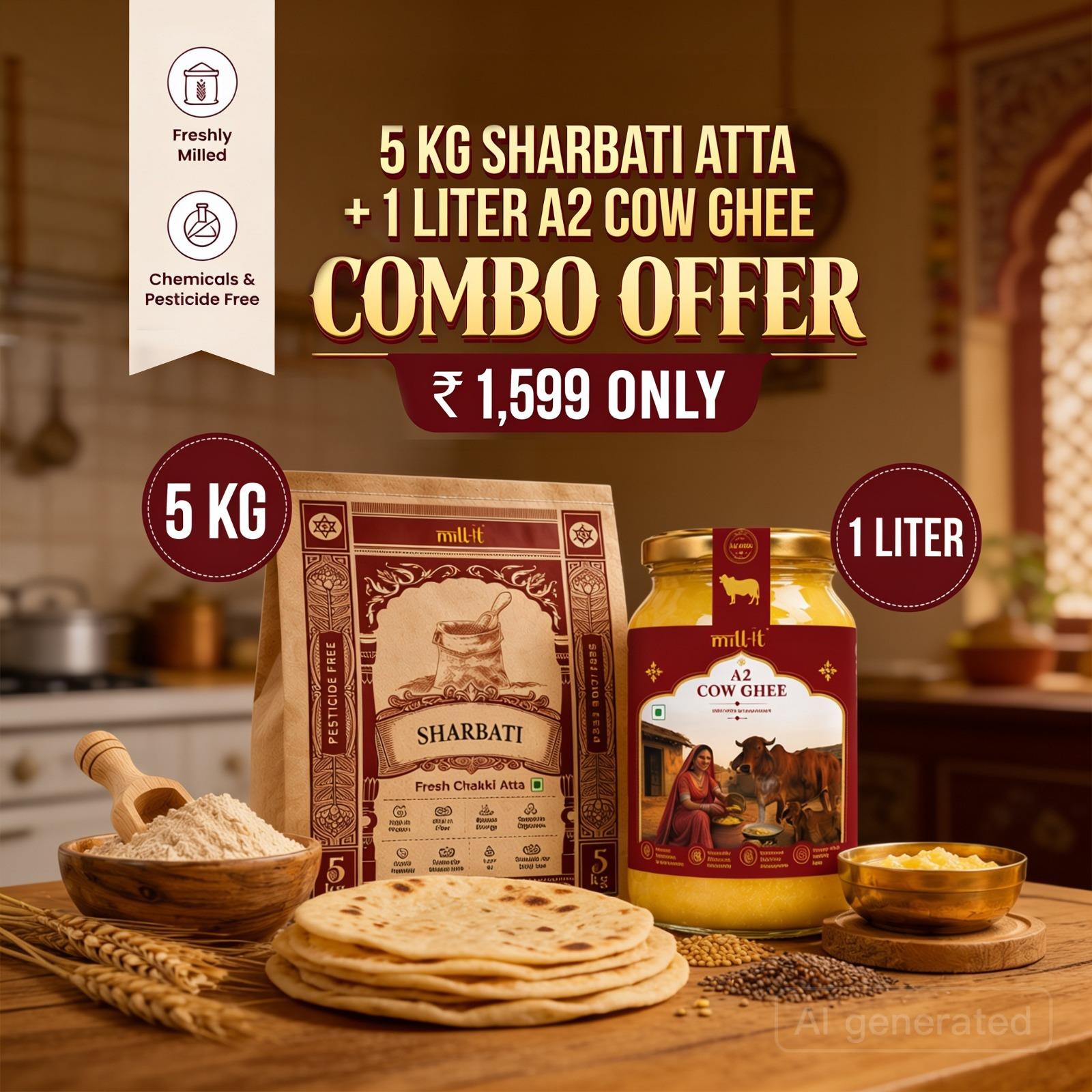 5kg Sharbati Atta + 1L A2 Cow Ghee Combo