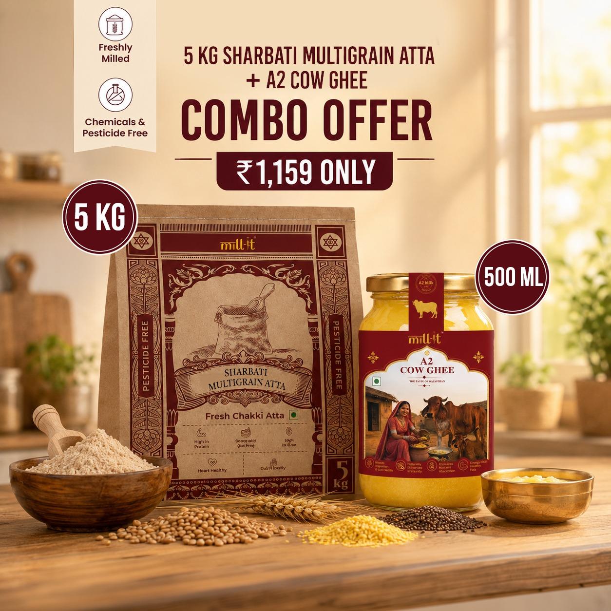 5 KG Sharbati Multigrain Atta + 500 ML A2 Cow Ghee Combo