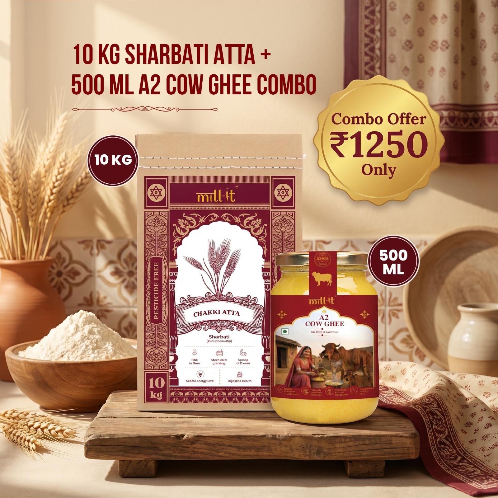 10kg Sharbati Atta + 500 ML A2 Cow Ghee Combo