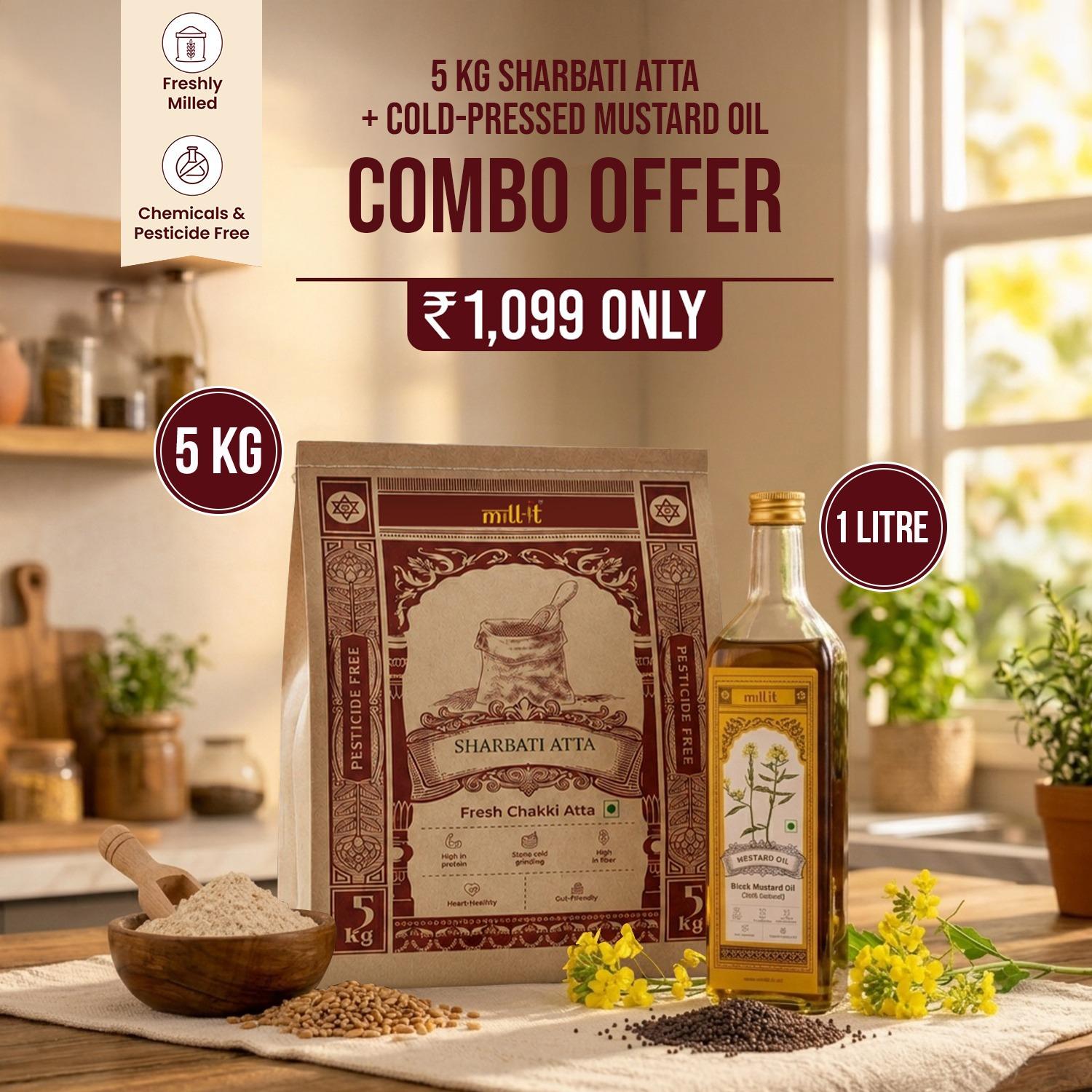 5 KG Sharbati Atta + 1 Ltr Cold-Pressed Mustard Oil Combo