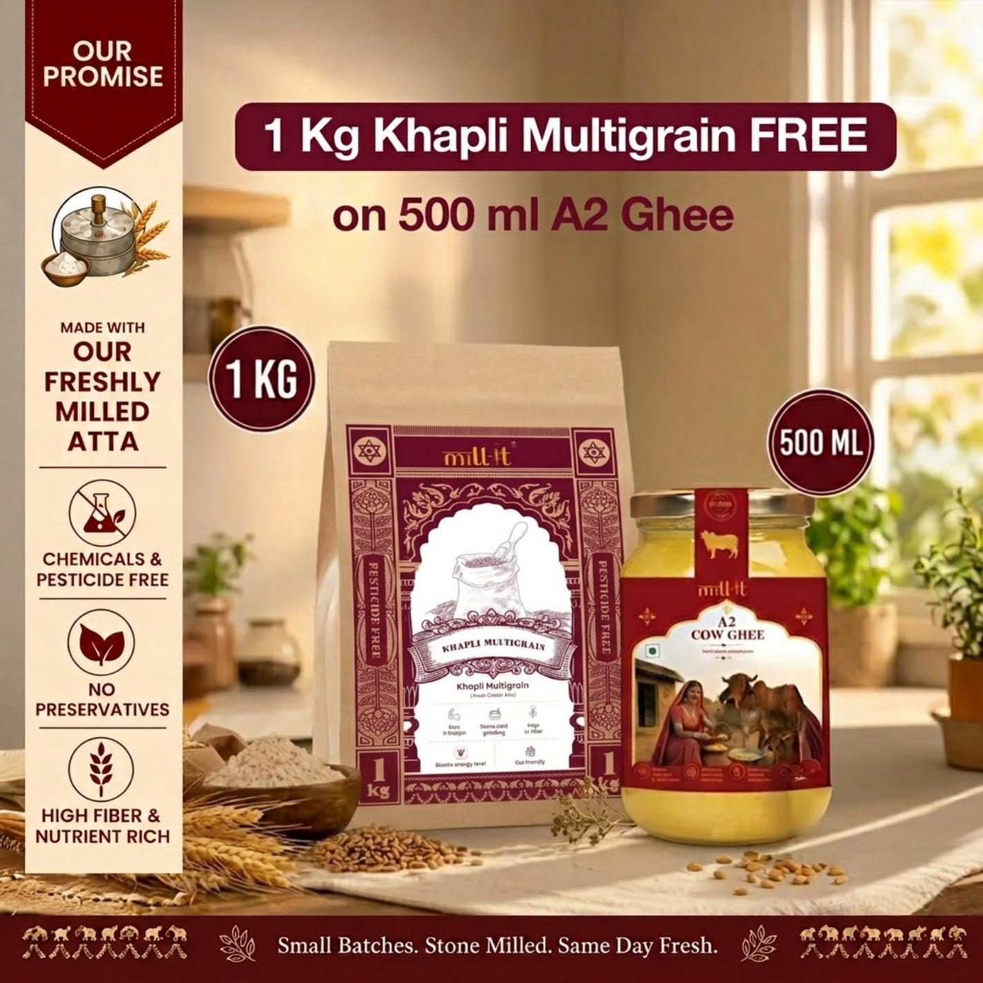 Free Khapli Multigrain Atta on 500 ml A2 Desi Cow Ghee