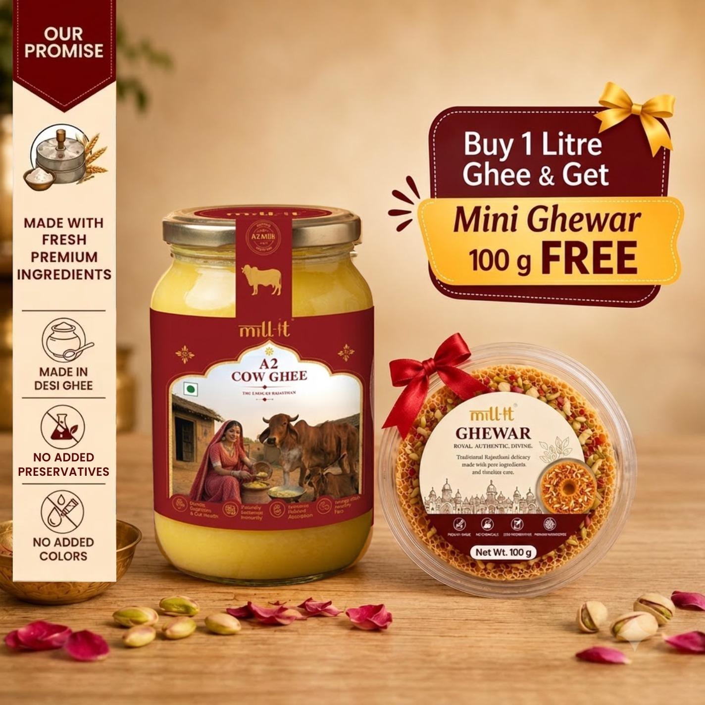 Free 100 Gms Ghewar on 1ltr A2 Ghee