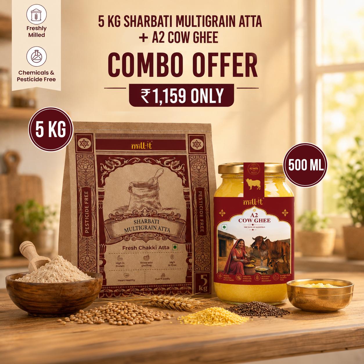 5 KG Sharbati Multigrain Atta + 500 ML A2 Cow Ghee Combo